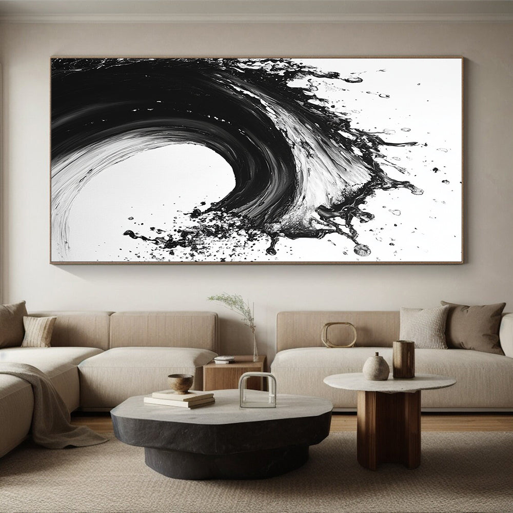 Black and White Explosive Wave "Wild Surge" Painting On Canvas HB286