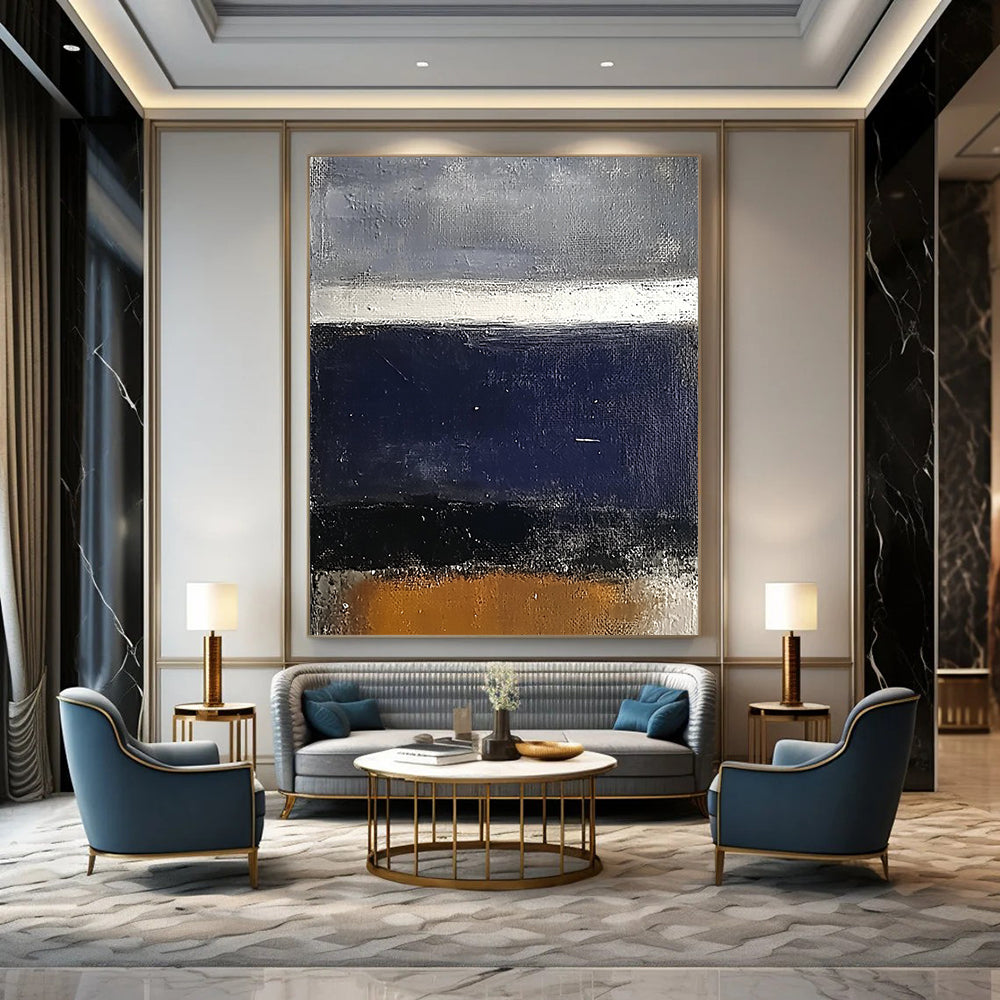 Contemporary hand-painted abstract art featuring a dark blue sea and grey sky with white and brown accents on a textured surface. DLZ0452