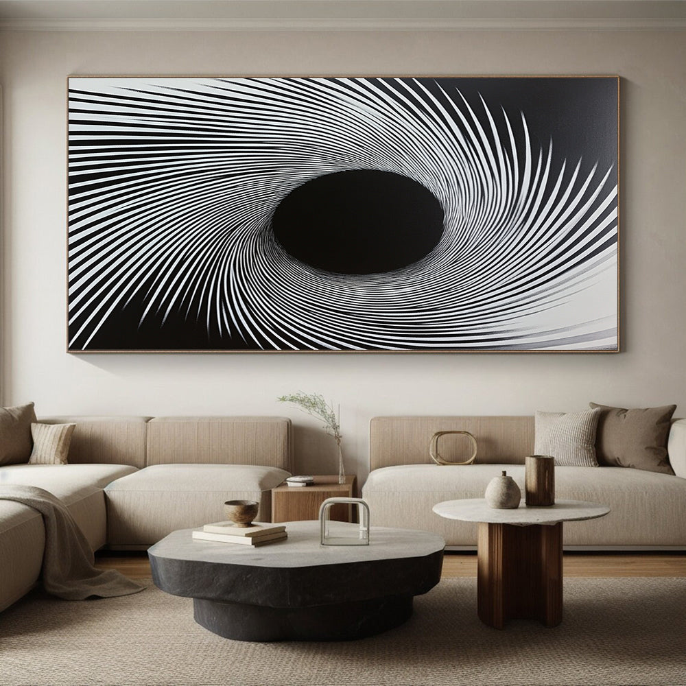 Black & White Radial Lines - “Hypnotic Tunnel Vision” Painting On Canvas HB183