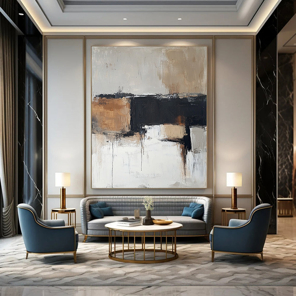 Contemporary hand-painted abstract art in soft neutral tones of beige and gray with brown accents creates an atmospheric and soothing ambiance. DLZ0497