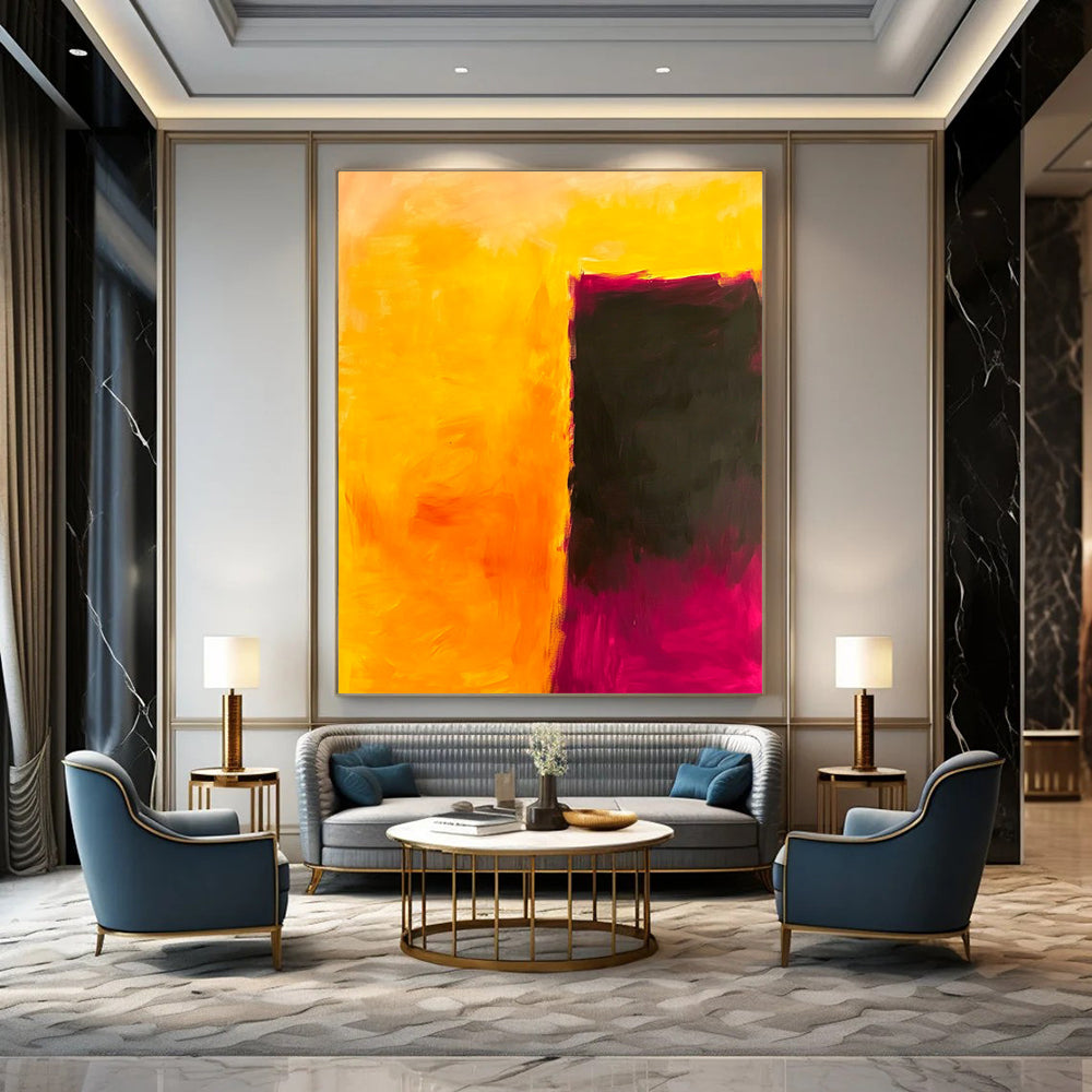 Contemporary hand-painted abstract art featuring a striking interplay of yellow and dark pink, evoking emotion and contemplation in a minimalist style. DLZ1363