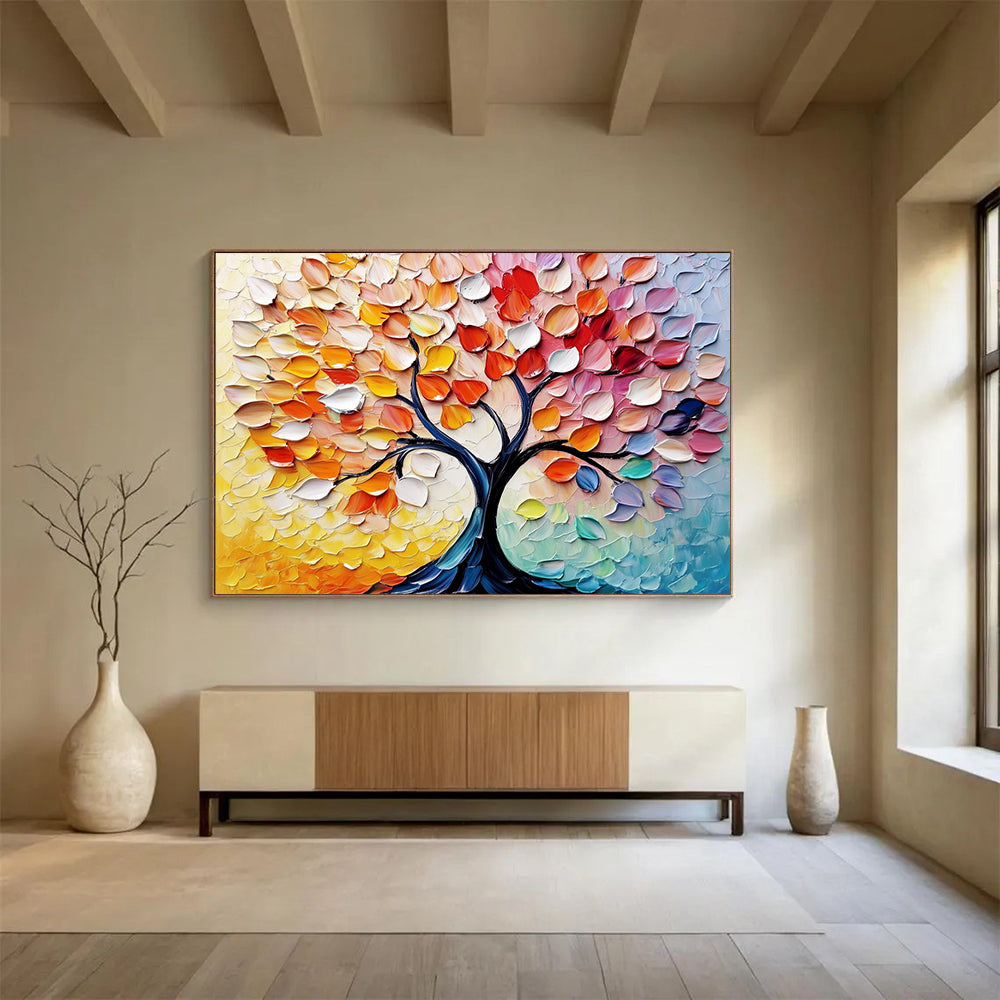 “Colorful Autumn Tree with Textured Leaves” - Yellow, Orange, Red, Pink, Colorful Leaf Textures - Palette Knife Acrylic Painting HB1637