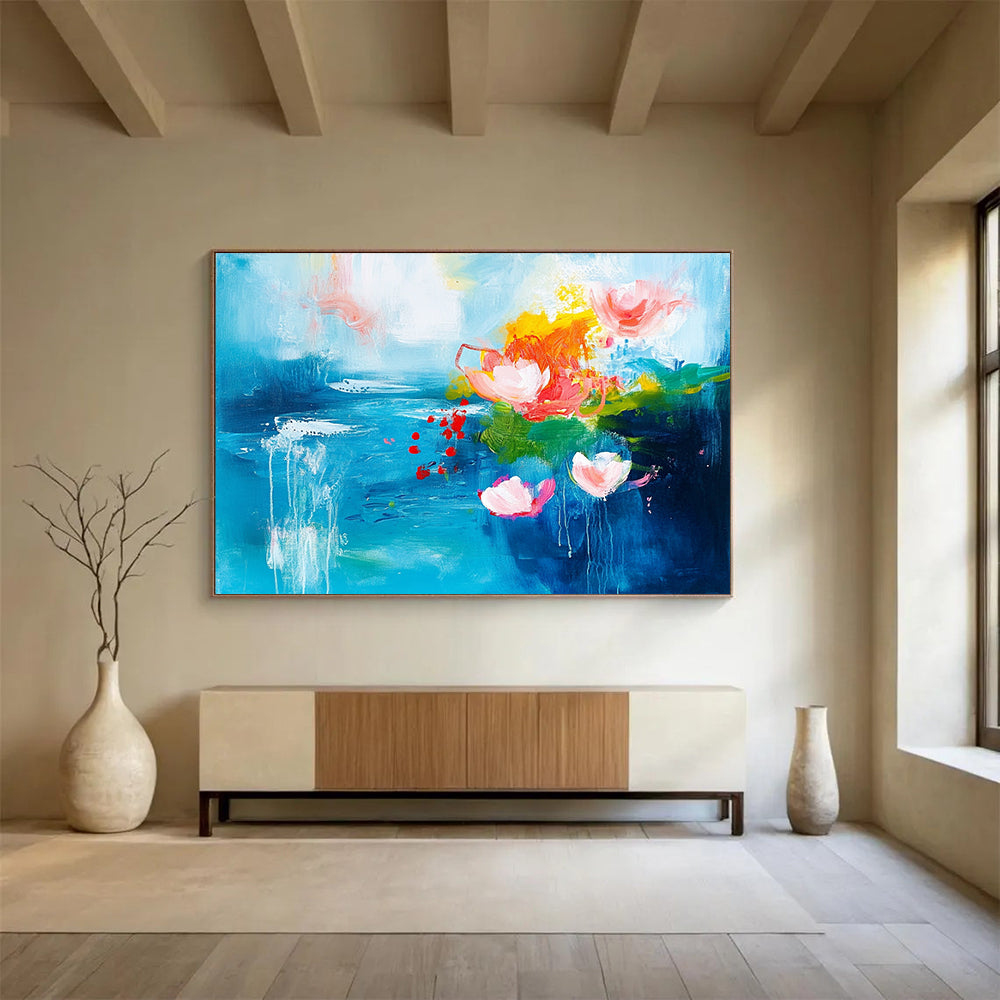 “Dreamy Blue with Pink and Orange Floral Abstractions” - Blue, pink, orange, green; Abstract floral shapes on a blue background; Acrylic Painting On Canvas HB1233