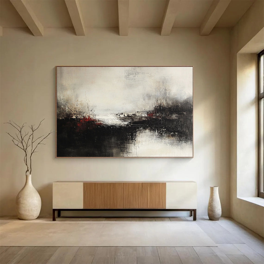 Black, White, and Red Abstract Landscape - “Moody Terrain” Painting On Canvas HB1450
