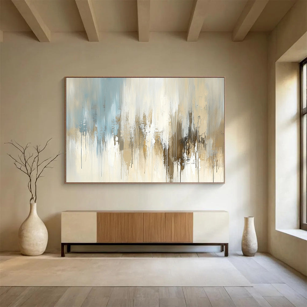 “Beige and Blue Abstract Drip” - Beige, blue, gray, white; Abstract with drip effects and soft color transitions; Acrylic Painting On Canvas HB1263