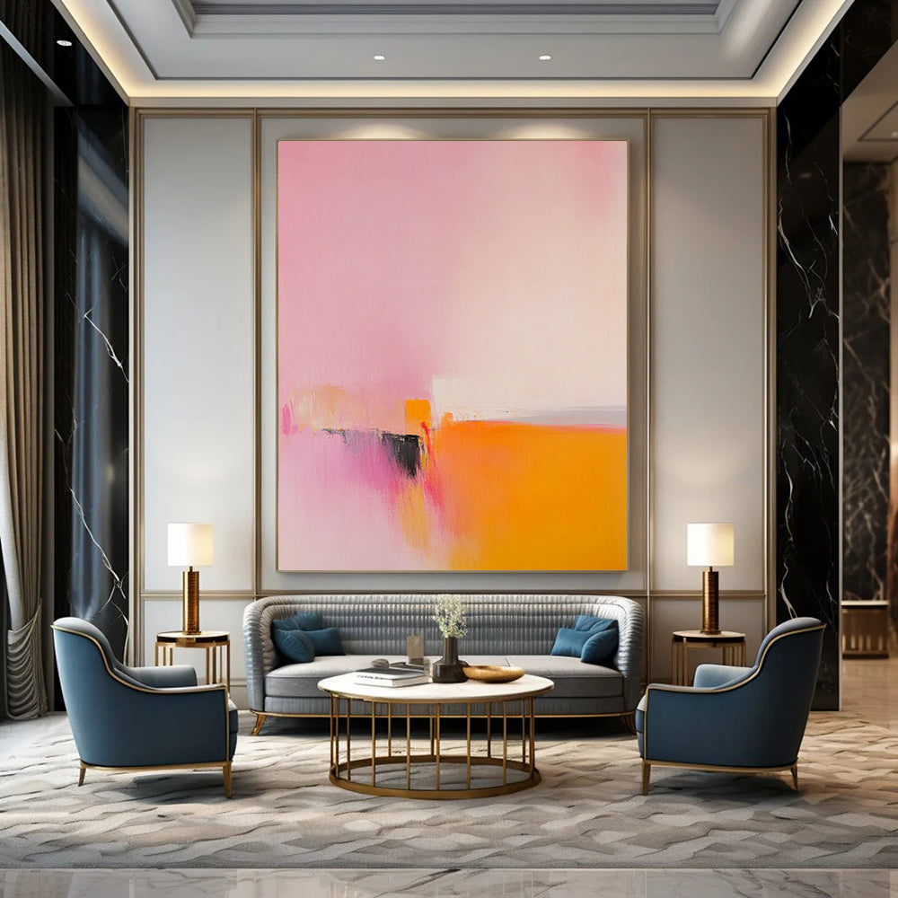 Contemporary abstract painting featuring muted pinks and yellows with soft oranges and minimalism showcasing an abstract dragon head under a vast sky. DLZ1657
