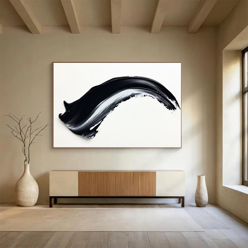 Minimalist Black & White Stroke - Simple Abstract Oil Painting On Canvas HB0480