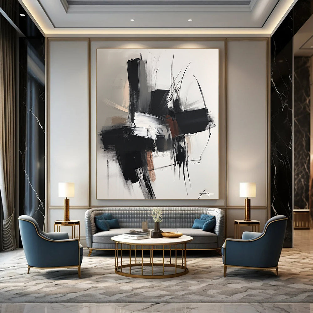 Large contemporary hand-painted abstract artwork featuring dark gray and light bronze shapes with soft edges and subtle textures in neutral tones. DLZ0314
