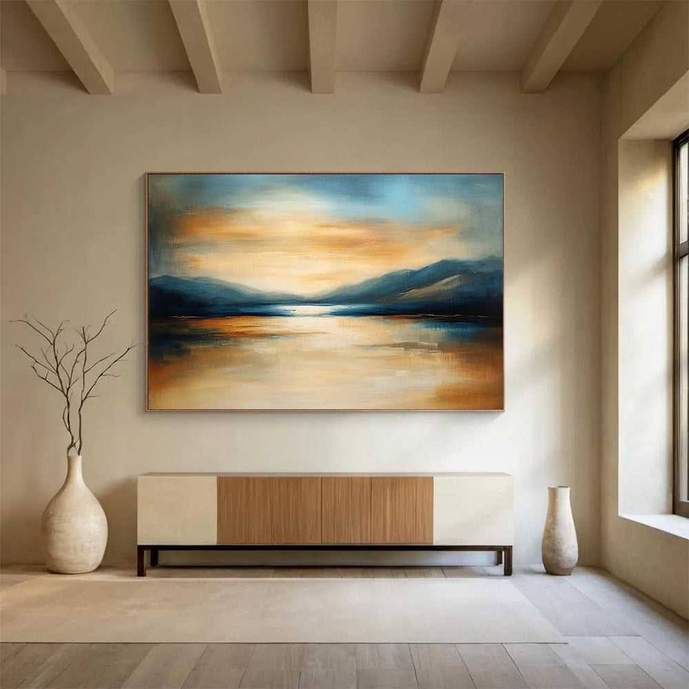 “Mountain Lake Sunset” - Orange, Blue, Beige, Landscape Oil On Canvas HB0703