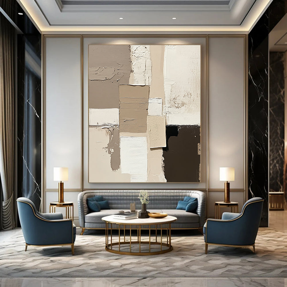 Large contemporary hand-painted abstract artwork featuring beige and neutral tones with expressive brush strokes on a minimalist canvas. DLZ0293