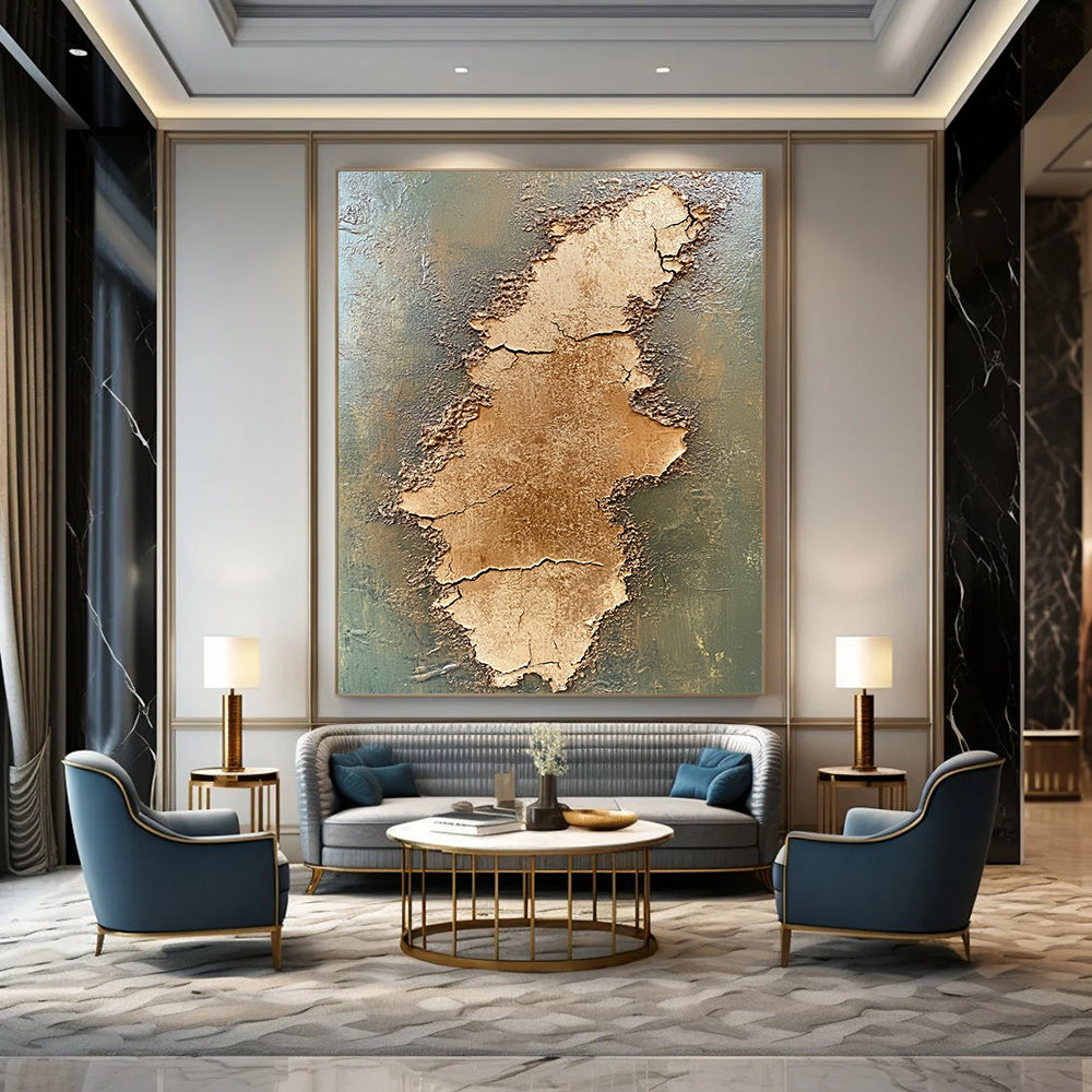Contemporary abstract painting features two stacked cracked brown earth plains on an olive green background created with textured oil paint. DLZ0651