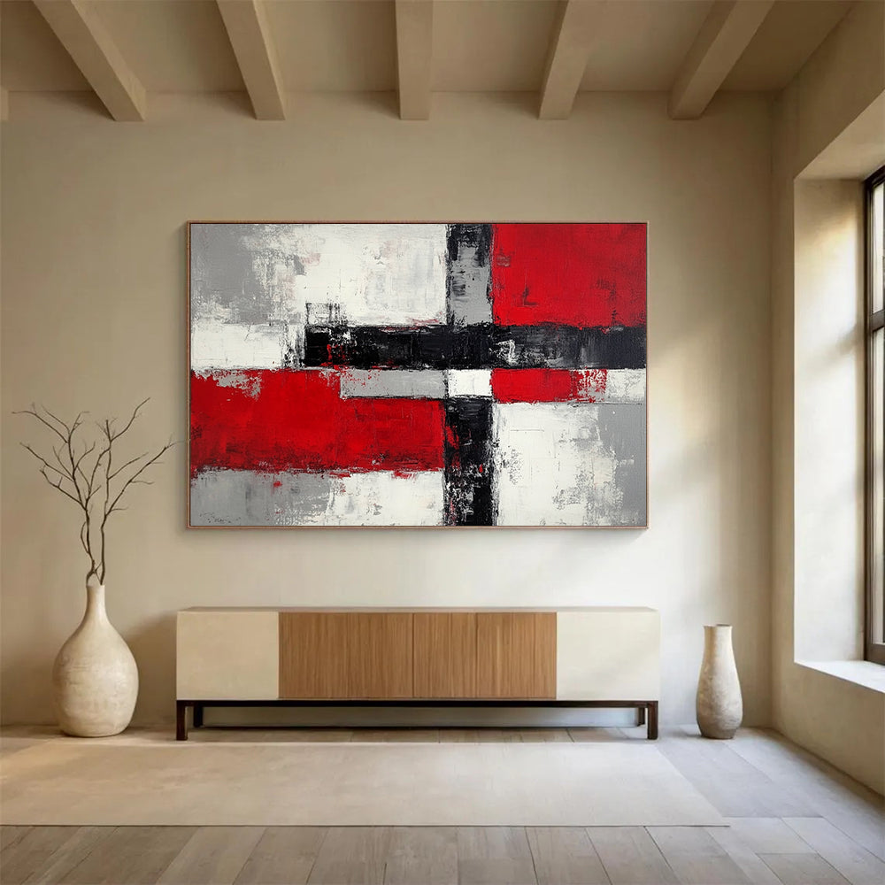 “Geometric Color Blocks” - Reds, grays, whites, blacks; Abstract geometric shapes; Minimalist Abstract Painting On Canvas HB1165