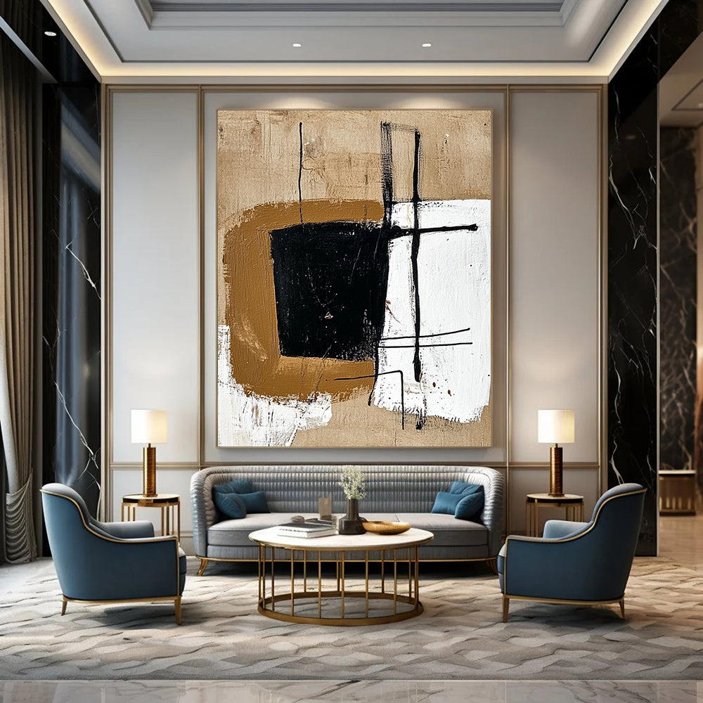 Contemporary abstract painting featuring a brown shape with black lines on beige, enhanced by brown and white geometric forms for a minimalistic touch. DLZ1160