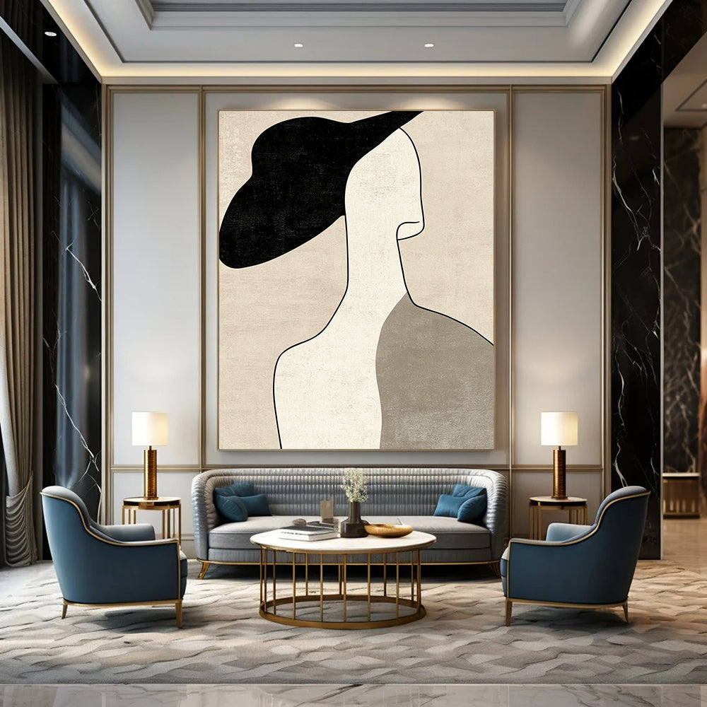 Contemporary minimalist art featuring a woman's profile with a hat in neutral tones and visible brush strokes on a beige background. DLZ1614