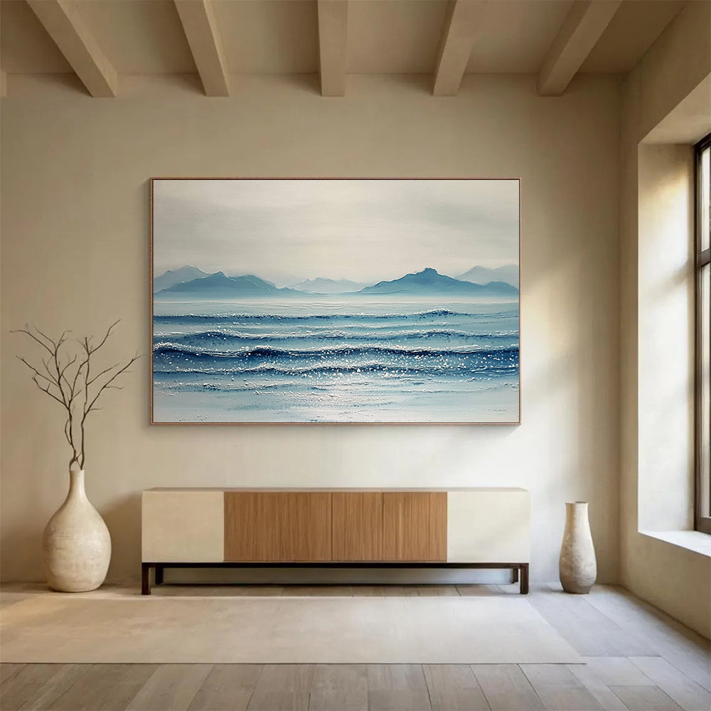 “Sparkling Sea and Distant Peaks” - Shades of Blue, White, Silver, Glittering Ocean and Mountains - Textured Oil Painting HB1612