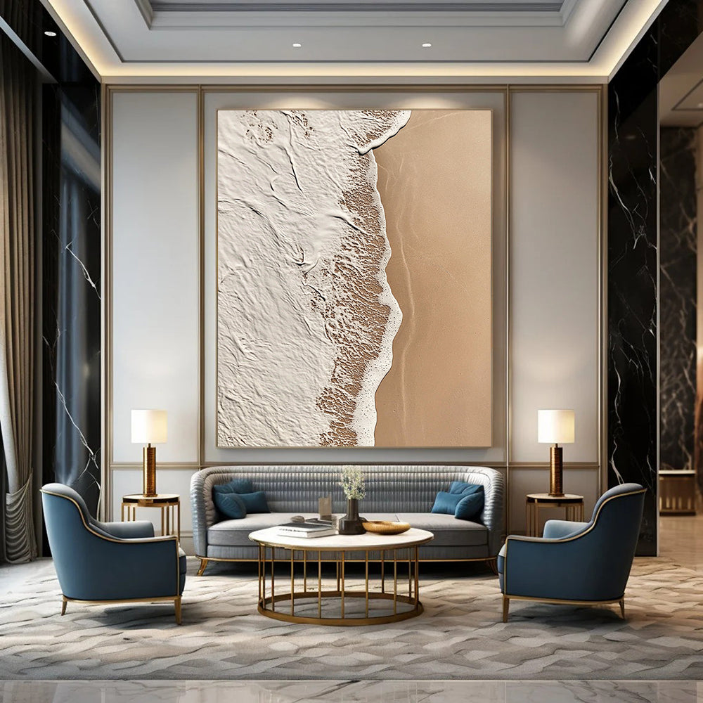 Contemporary abstract art showcasing intricate beige and white patterns blending with solid brown, evoking calmness and natural tranquility. DLZ1182