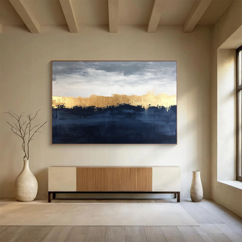 “Gold Horizon Over Blue - Gray Landscape” - Gold, Blue, Gray, Horizon Line Painting On Canvas HB0817