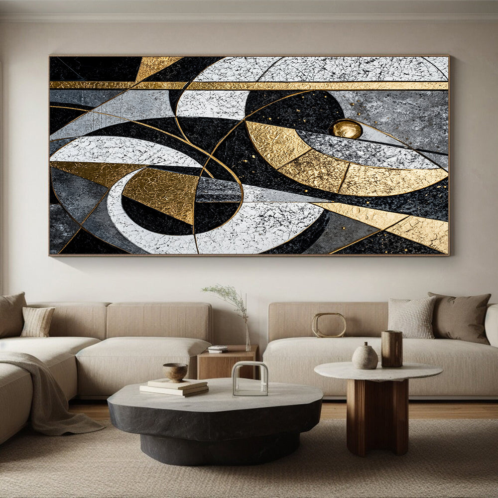 Black, White, Gray, Gold, Interlocking Arcs "Celestial Puzzle" Abstract Cosmic - Inspired Painting On Canvas HB075