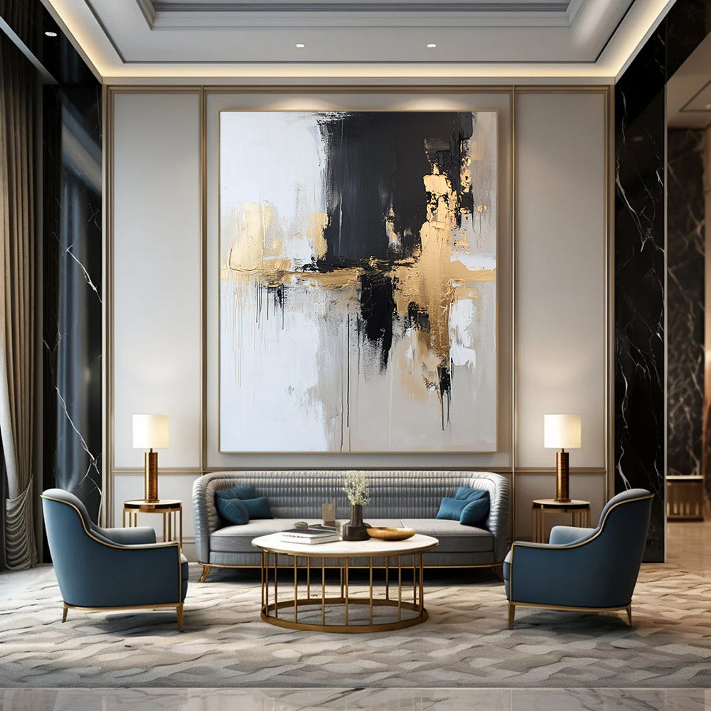 Contemporary hand-painted abstract artwork in neutral tones with gold accents, blending black and white elements for a striking visual impact. DLZ0518