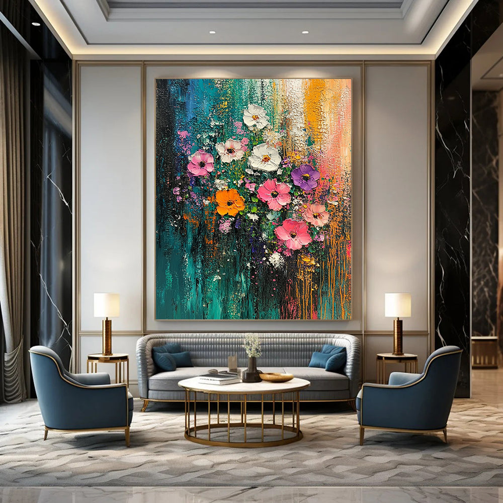 Vibrant contemporary abstract painting featuring colorful flowers against a textured forest backdrop that invites you to explore its lively landscape. DLZ1022