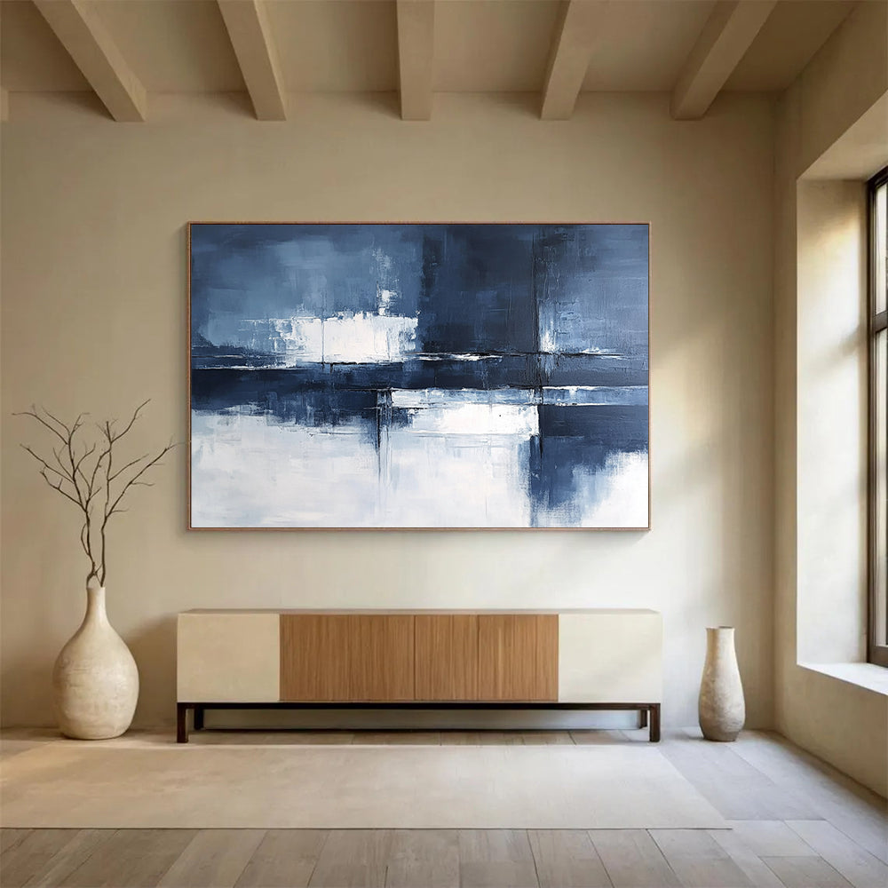 “Blue - Gray Abstract Geometric Reflections” - Blue, Gray, White, Geometric Reflections Painting On Canvas HB0831