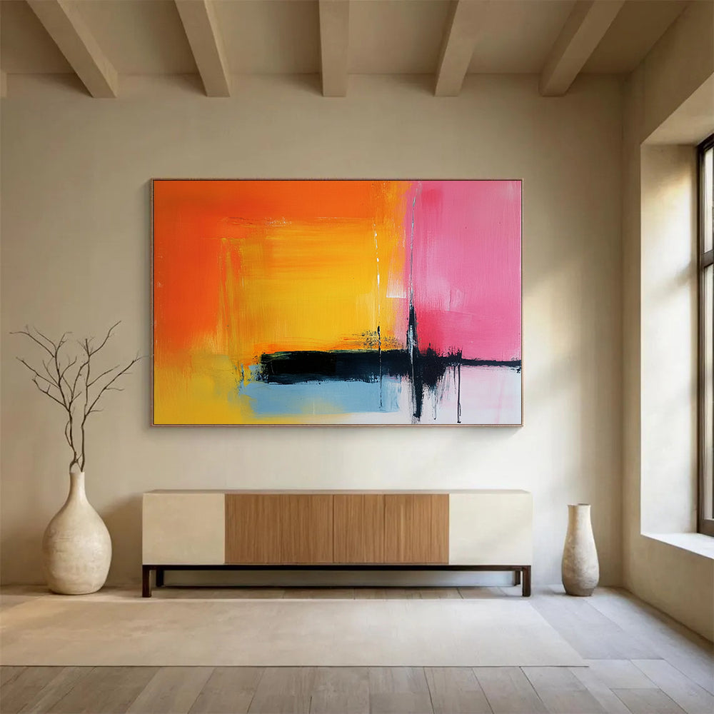 “Orange, Pink, and Blue Abstract Color Blocks” - Orange, pink, blue, yellow, black; Abstract color blocks with drips; Acrylic Painting On Canvas HB1225