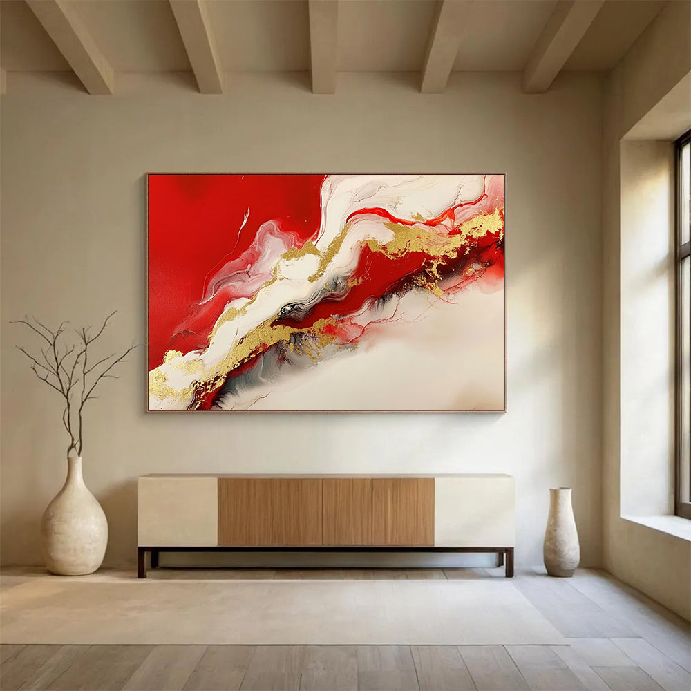 “Red White Gold Flow” - Red, White, Gold - Fluid Abstract Swirls - Resin Painting HB1299