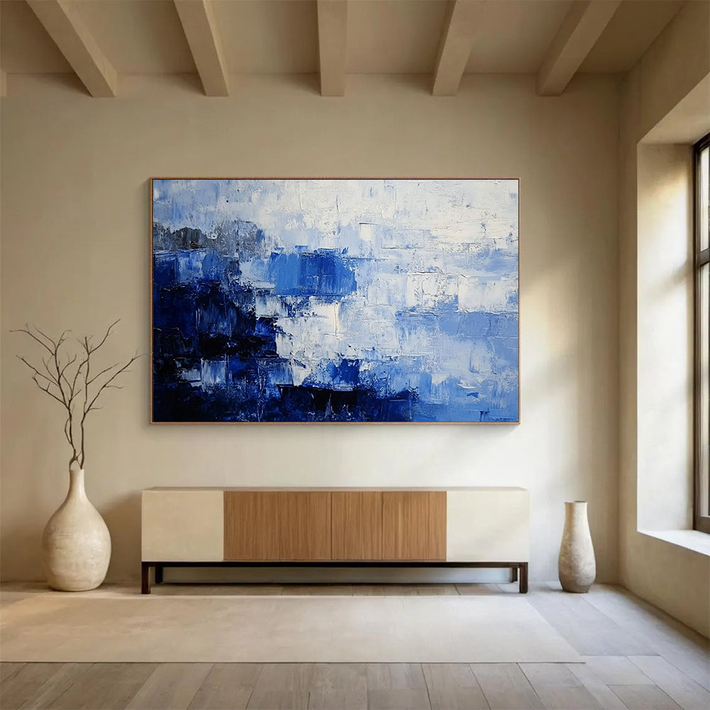 “Blue - Gray Abstract Block Patterns” - Blue, Gray, Block Shapes Painting On Canvas HB0837