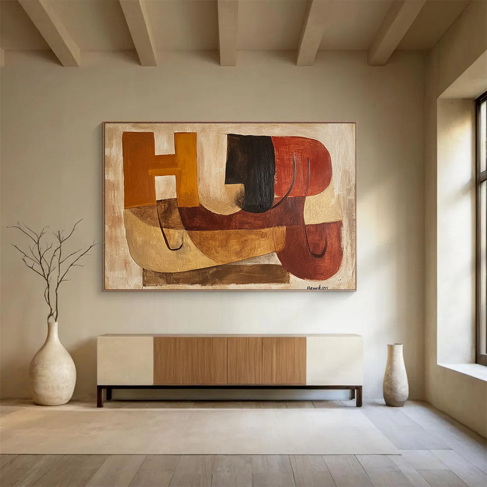 “Abstract Letters & Shapes” - Brown, Orange, Red, Geometric Abstract Painting On Canvas HB0678