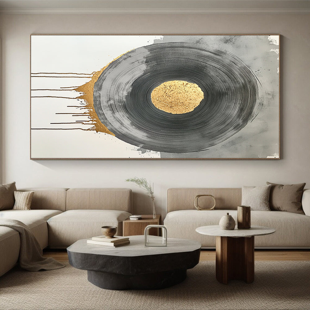 Black, Gray, Gold and Silver Geometric Circles "Harmonious Circles" Painting On Canvas HB384