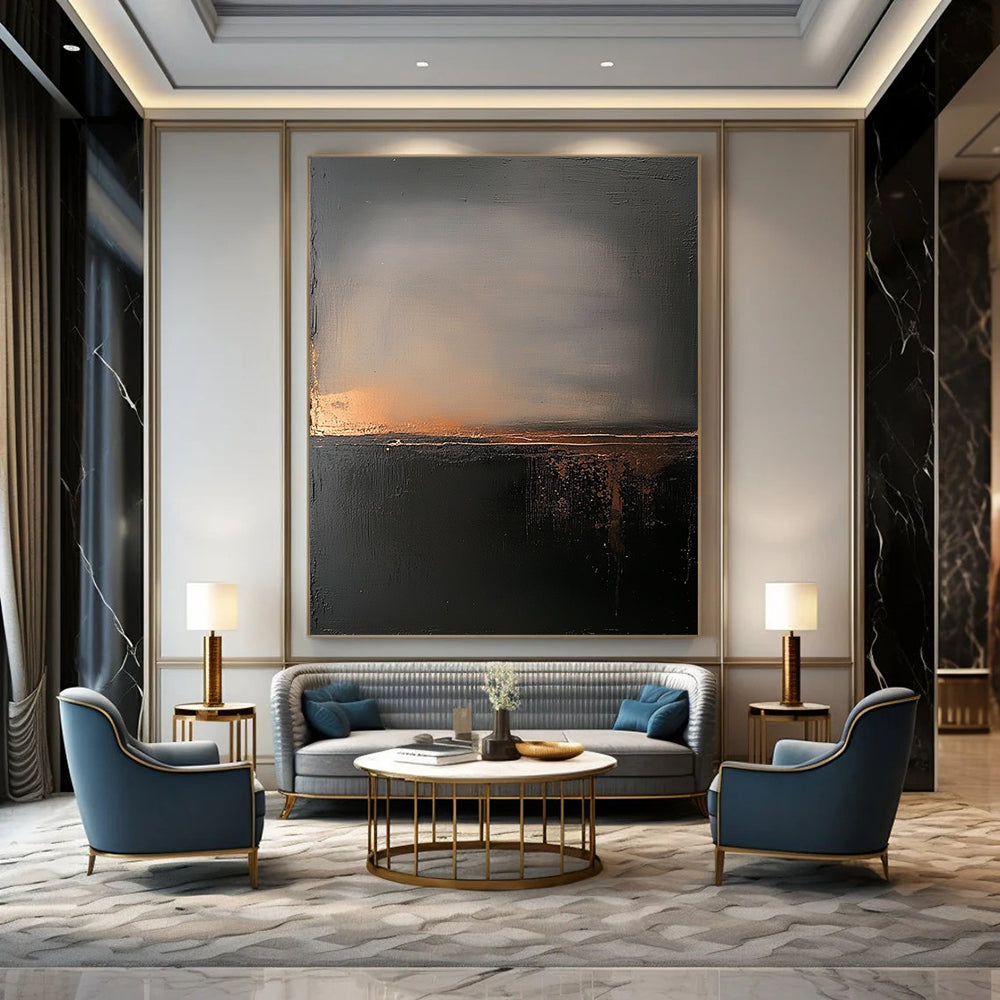 Contemporary abstract painting featuring atmospheric clouds and a foggy landscape in muted gray and black tones with hints of gold enhancing serenity and introspection. DLZ0692