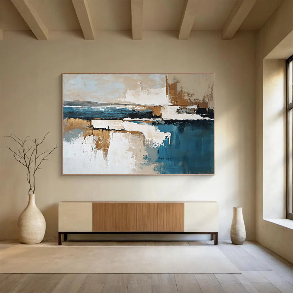 “Abstract Coastal Landscape” - Blue, Beige, White, Brown with Layered Forms - Painting On Canvas HB1384