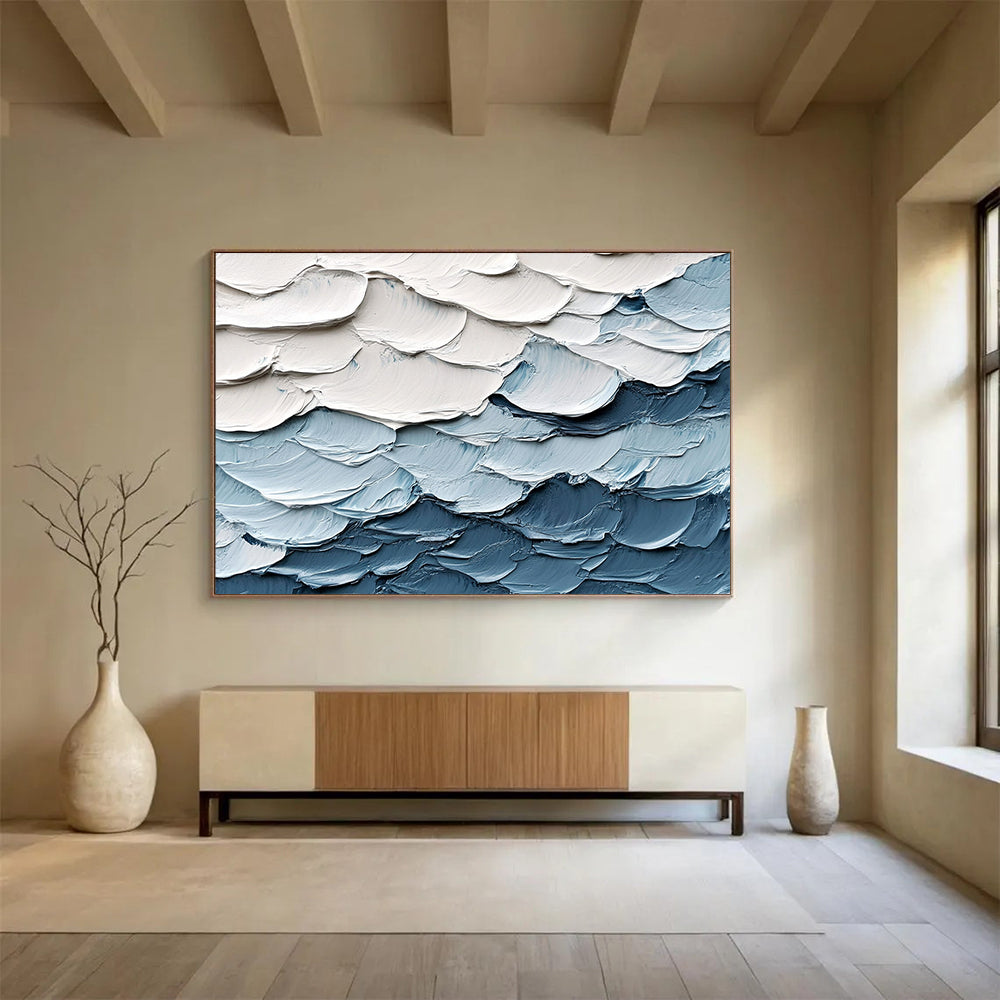 “Textured Wave Layers” - White, Blue, Gray - Impasto Ocean Waves - Acrylic Painting HB1335