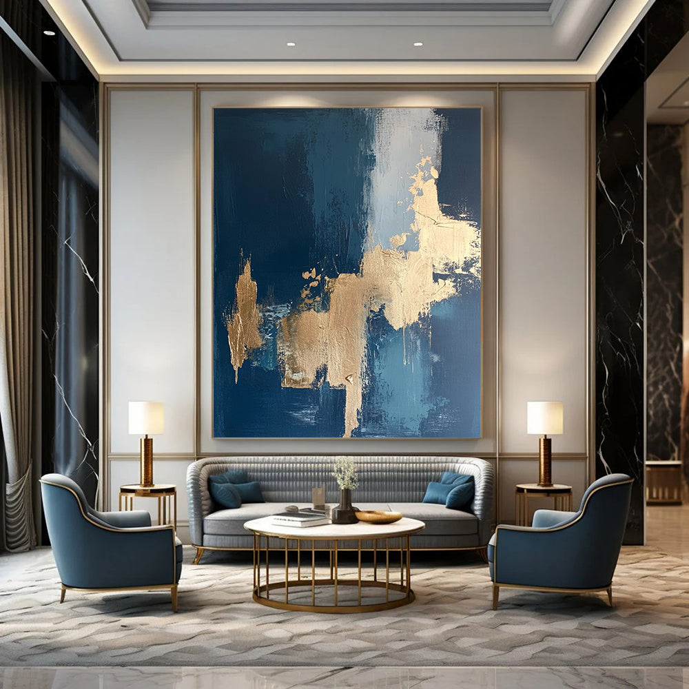Contemporary hand-painted abstract art features intricate textures with gold leaf accents on a rich dark blue canvas. DLZ0331