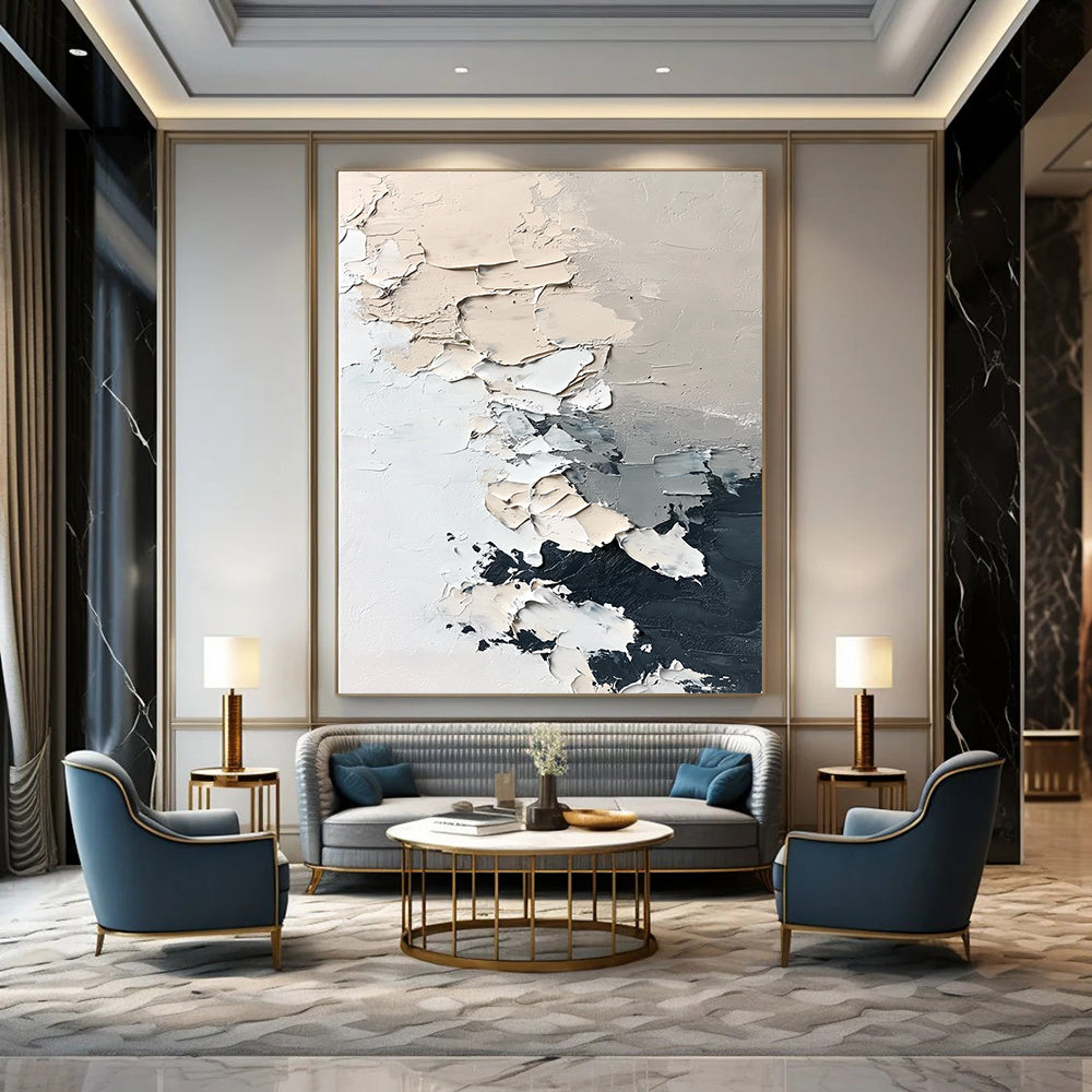 Abstract hand-painted contemporary art featuring textured icebergs and melting snowflakes in muted neutral colors with thick brush strokes on a minimalist white background. DLZ0426