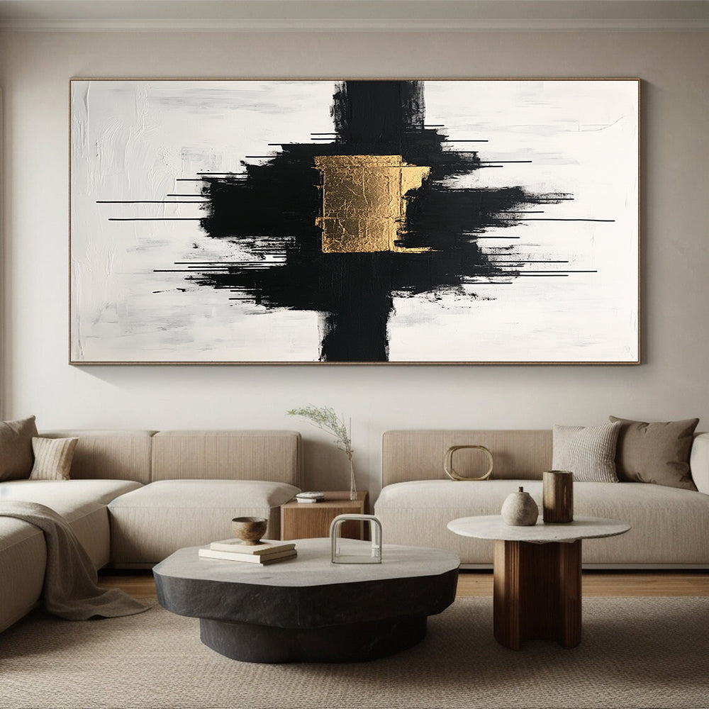 Black, White and Gold Abstract "Gilded Center" Painting On Canvas HB404