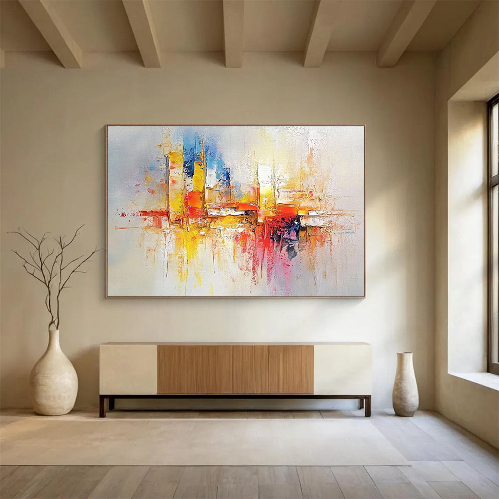 “Colorful City Reflections” - Blue, Yellow, Red, Pink, Abstract Cityscape with Reflections Painting On Canvas HB1080