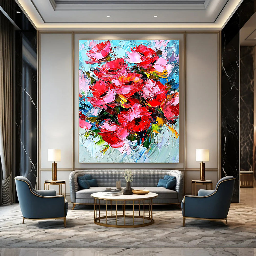 Bold contemporary abstract art featuring vibrant red roses with dynamic impasto texture and energetic brushstrokes for a striking visual impact. DLZ1158