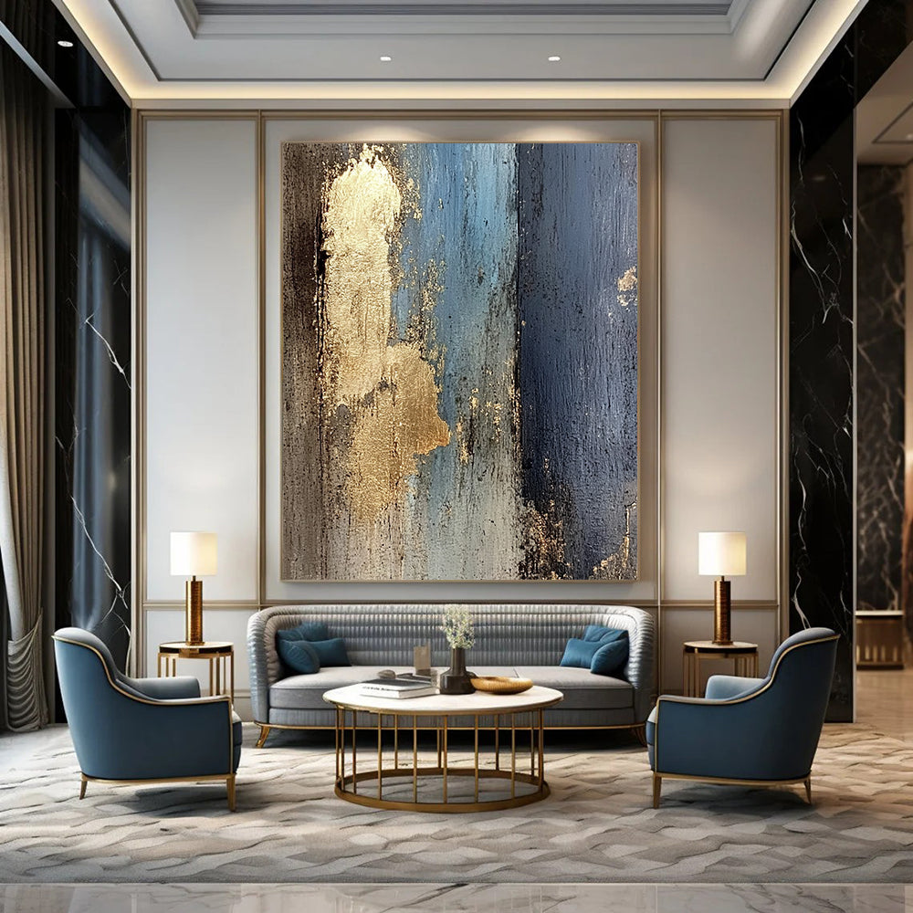 Contemporary abstract artwork featuring a textured wooden wall with peeling paint and glimpses of gold leaf, evoking a dark yet luminous atmosphere. DLZ1280