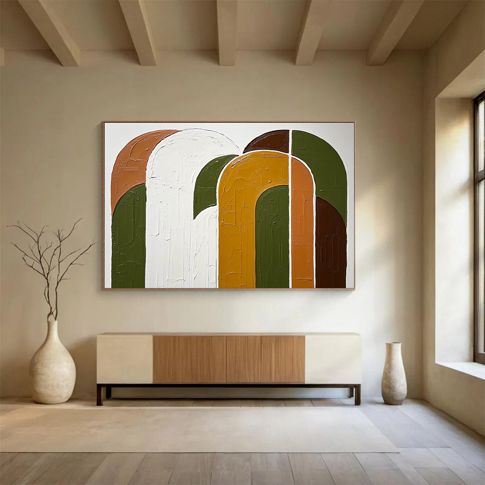 “Textured Color Arches” - Green, orange, white, brown, Textural Abstract Painting HB0623