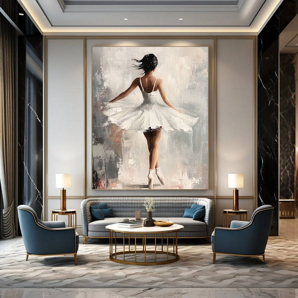 Contemporary hand-painted abstract art featuring an elegant ballerina in a white dress with graceful movements set against a soft gray and neutral background. DLZ1121