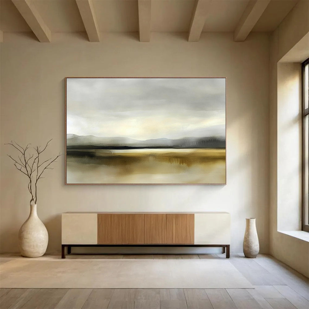 “Misty Mountain Lake” - Gray, Beige, Hazy Peaks and Reflective Water Painting On Canvas HB0927