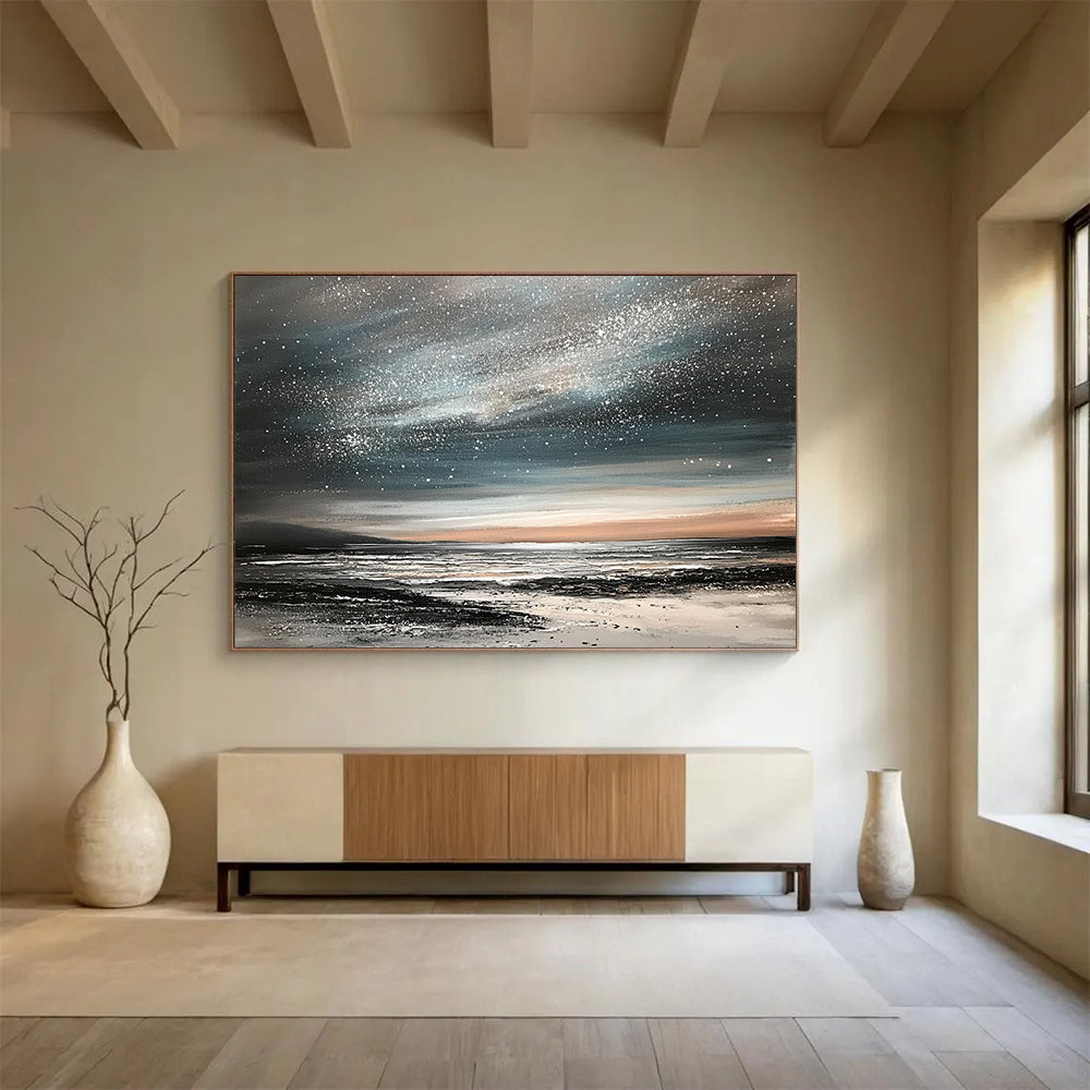 “Starry Night Coastal” - Black, Gray, Silver, Orange, Dreamy Night Sky & Sea Scenes Painting On Canvas HB1025