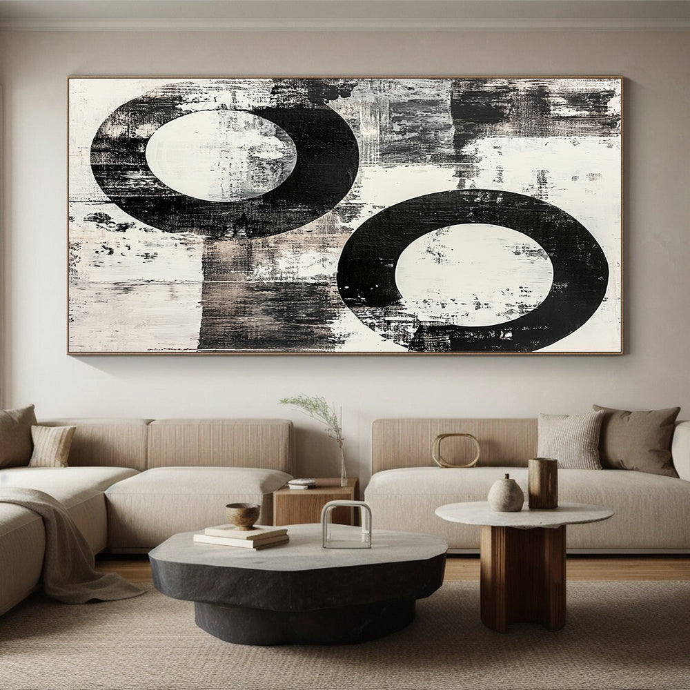 Black and White Textured Circles "Rough Harmony" Painting On Canvas HB258