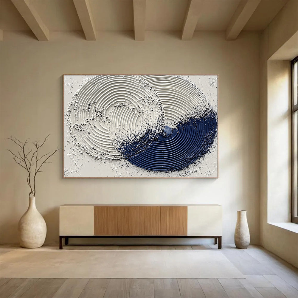 “Textured Circular Abstract” - White, Navy Blue with Raised Circles - Painting On Canvas HB1385