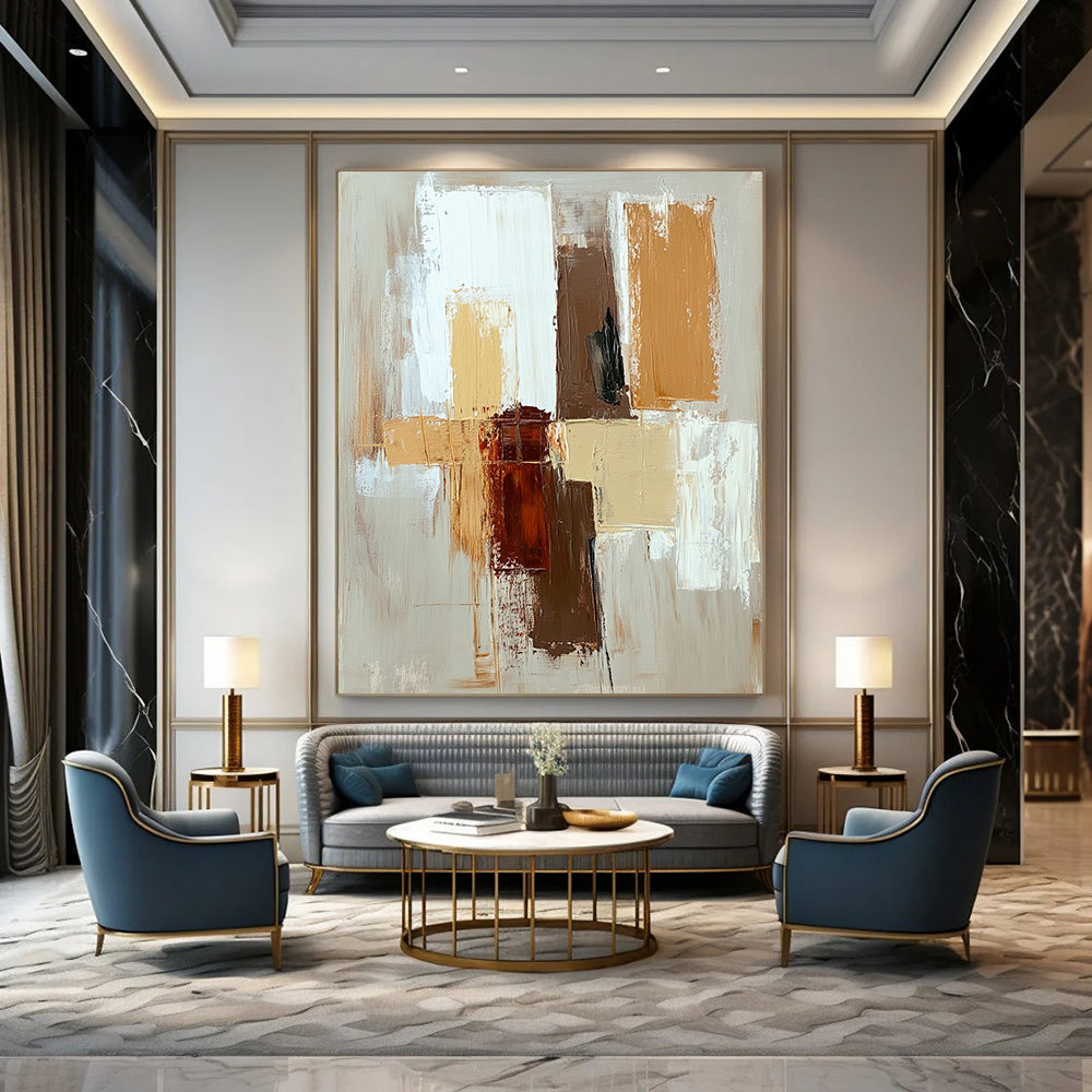 Contemporary hand-painted abstract artwork featuring a minimalistic design with beige brown and white brush strokes for a serene aesthetic. DLZ1020