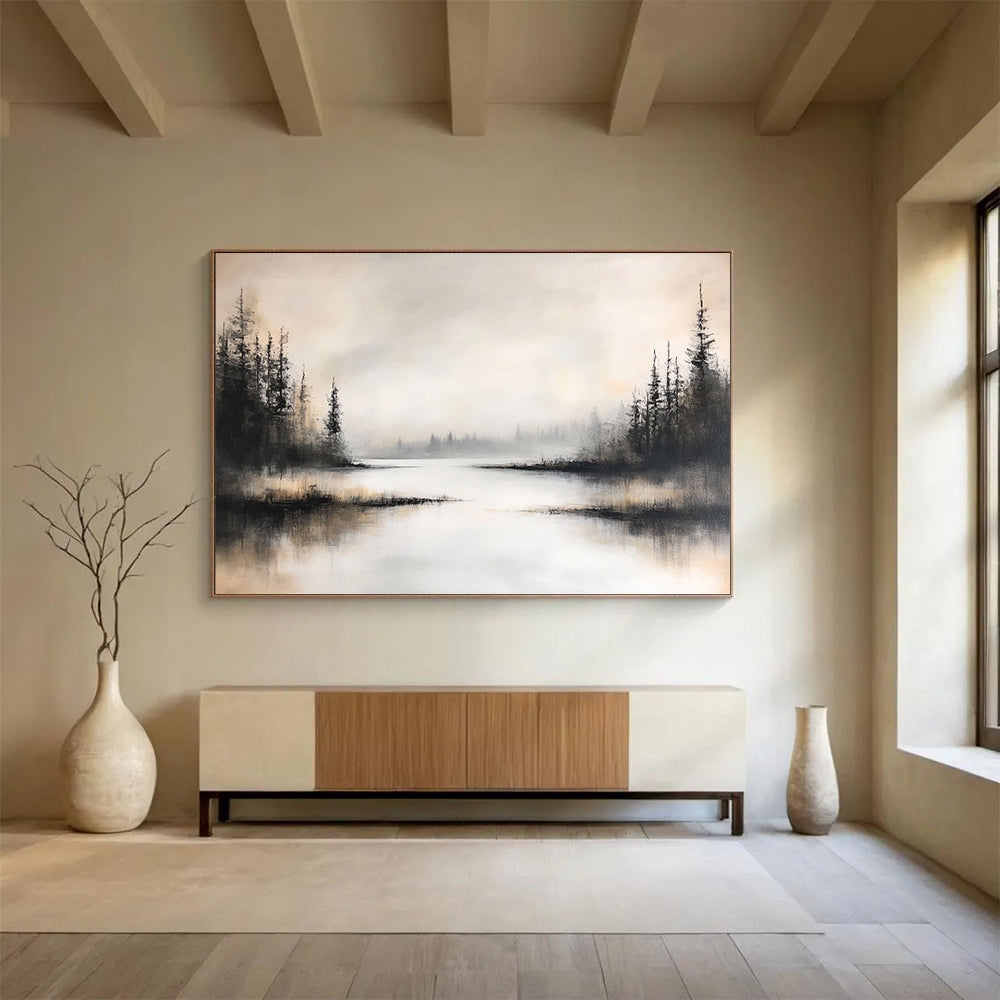 “Foggy Forest Lake” - Black, White, Gray, Silhouetted Trees and Misty Water Painting On Canvas HB0918