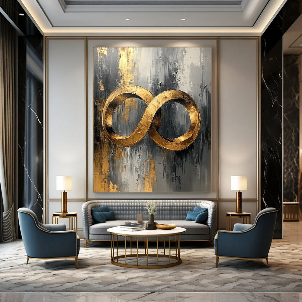 Contemporary abstract oil painting featuring golden rings in gray and white with gold leaf accents on canvas texture for a stunning UHD display. DLZ0482