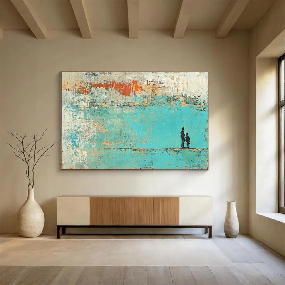 “Father - Child Silhouette in Turquoise - Orange” - Turquoise, Orange, Black with Silhouettes - Painting On Canvas HB1396