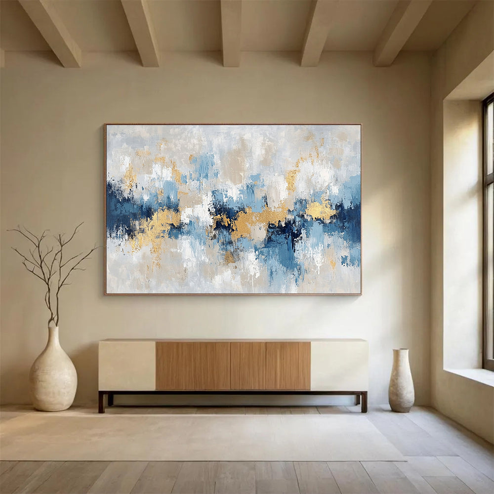 “Soft Gold - Blue - Gray Abstract Landscape” - Gold, Blue, Gray, White, Beige, Gentle Shapes Painting On Canvas HB0822